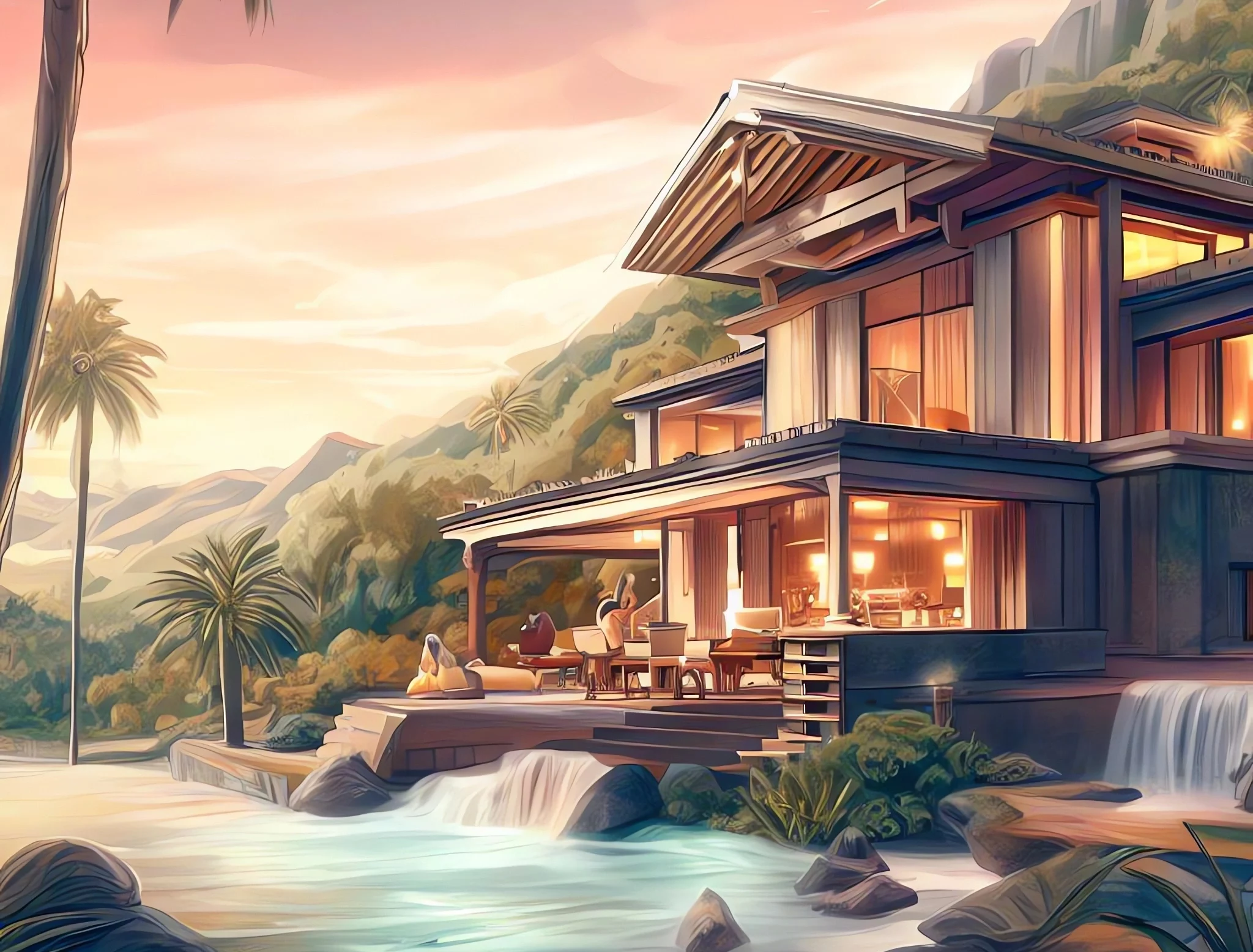 Illustration of a villa in a lush natural environment
